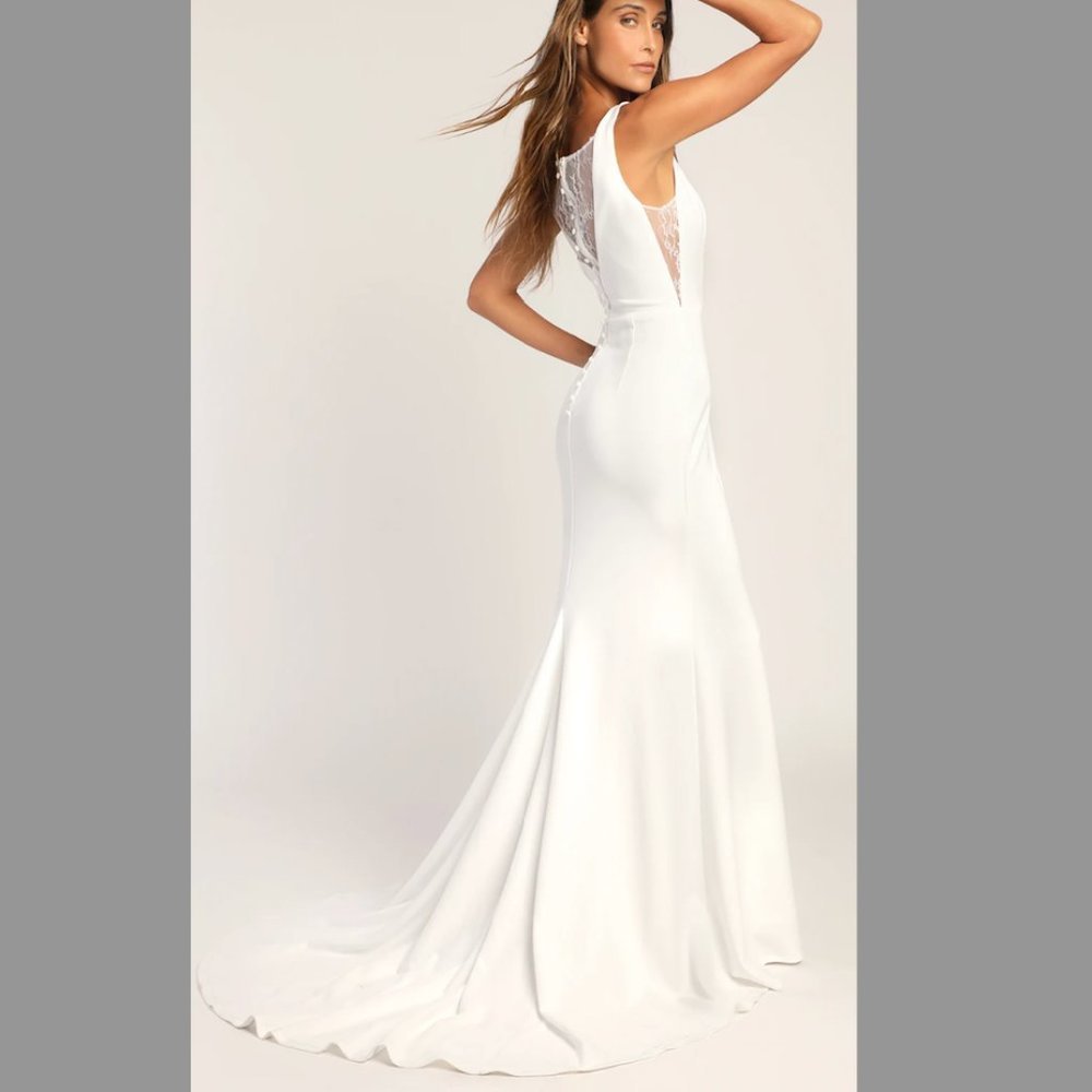 Lulu's Long-Lasting Love Ivory Lace V-Neck Mermaid Dress